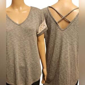Gray stripe V-neck with Criss Cross Back Knit Top M